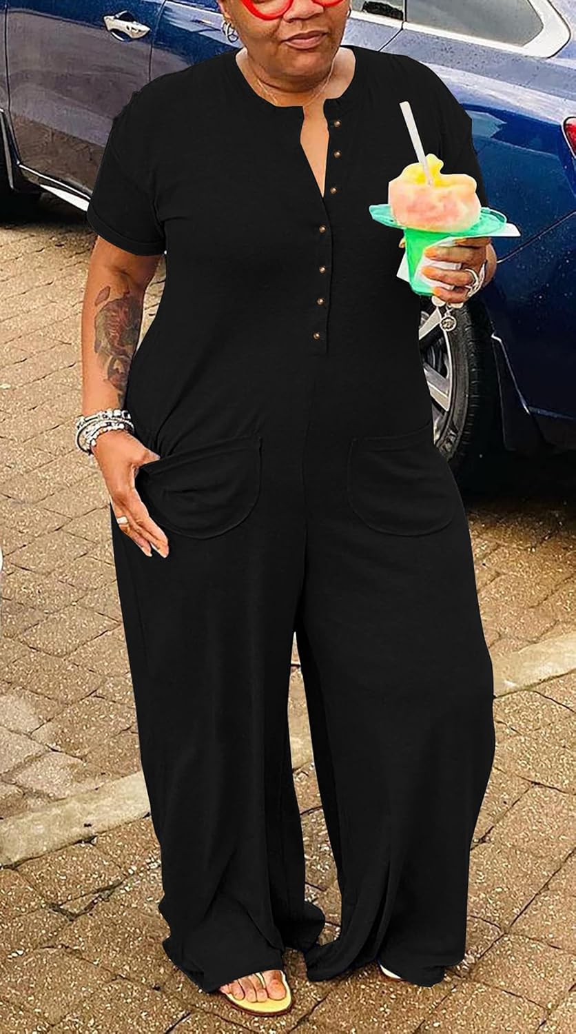YeGine Plus Size Women Short Sleeve Loose Jumpsuit Casual Rompers One Piece Button Up Wide Leg Jumpsuits - Image 2