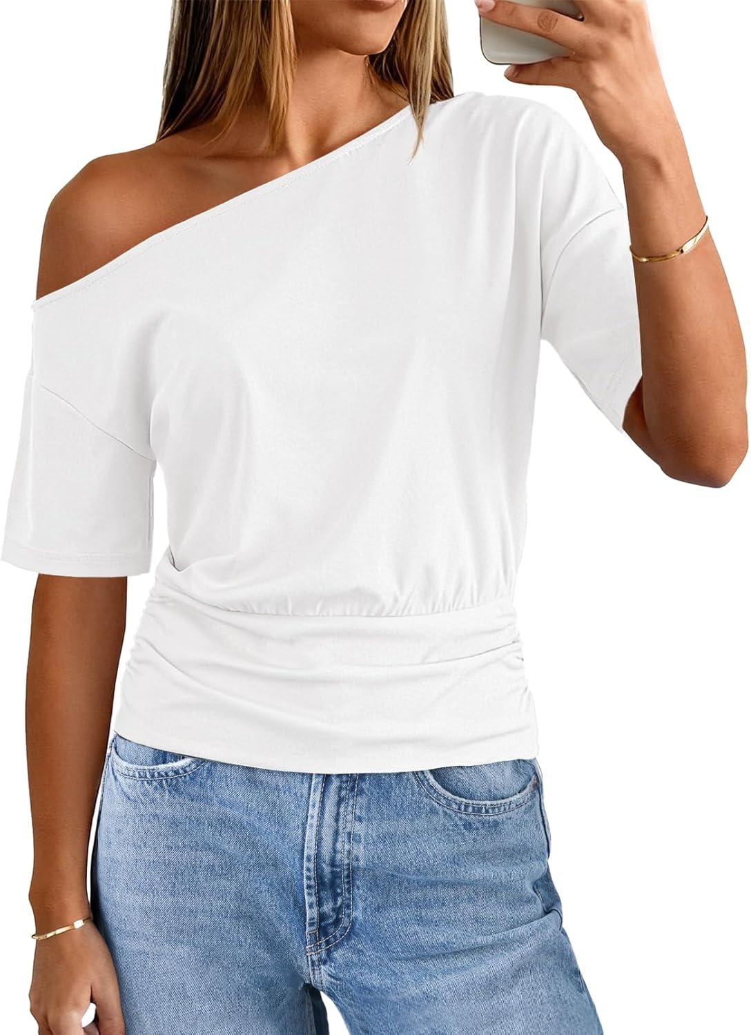 MEROKEETY Women's Off The Shoulder Short Sleeve Tops 2026 Summer Casual Going Out Trendy Y2k T Shirts