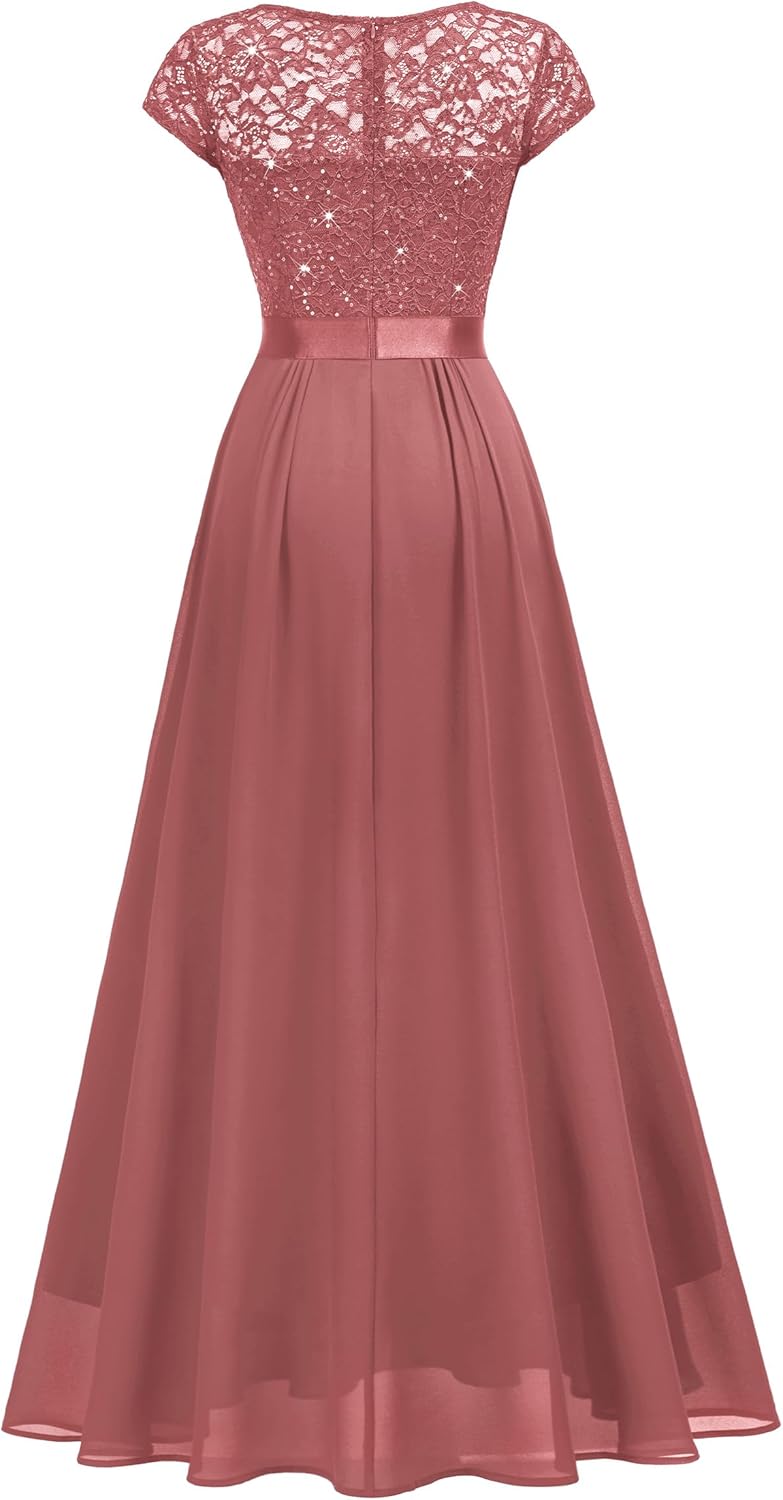 Miusol Women's Elegant V-Neck Cap Sleeve Sequined Floral Lace Formal Party Maxi Dress - Image 5