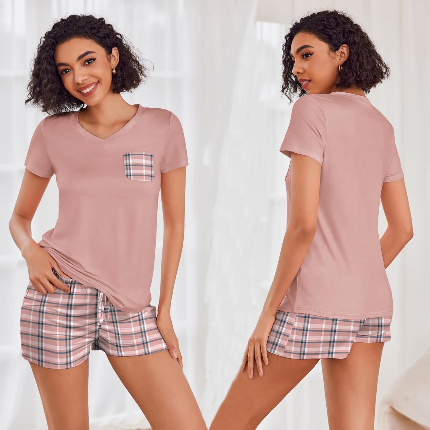 Ekouaer Womens Pajama Sets Short Sleeve Pajamas for Women Sets Soft Lounge Sets Casual V Neck Sleepwear PJS - Image 2