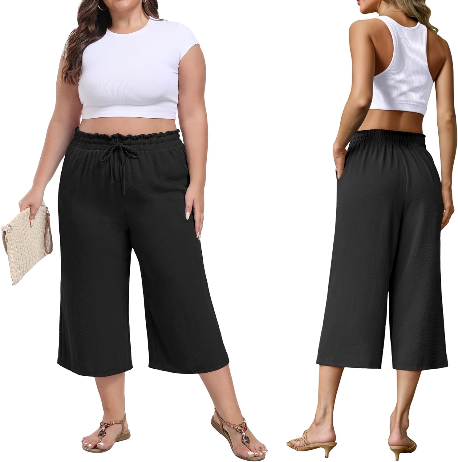 FREEOAK Capri Pants for Women High Waisted Wide Leg Casual Lounge Pant Summer Capris Adjustable Drawstring with Pockets - Image 2