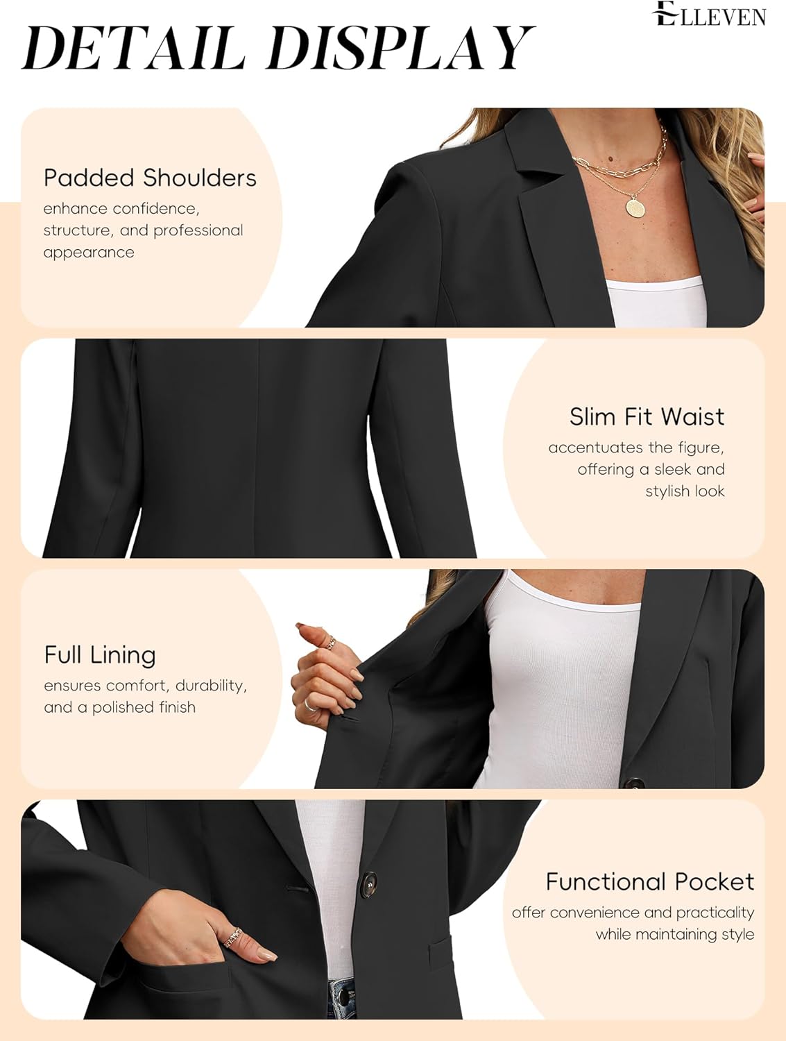 ELLEVEN Women's Blazer Business Casual Lightweight Suit - Long Sleeve Slim Fit Work Office Jacket with Pockets - Image 5
