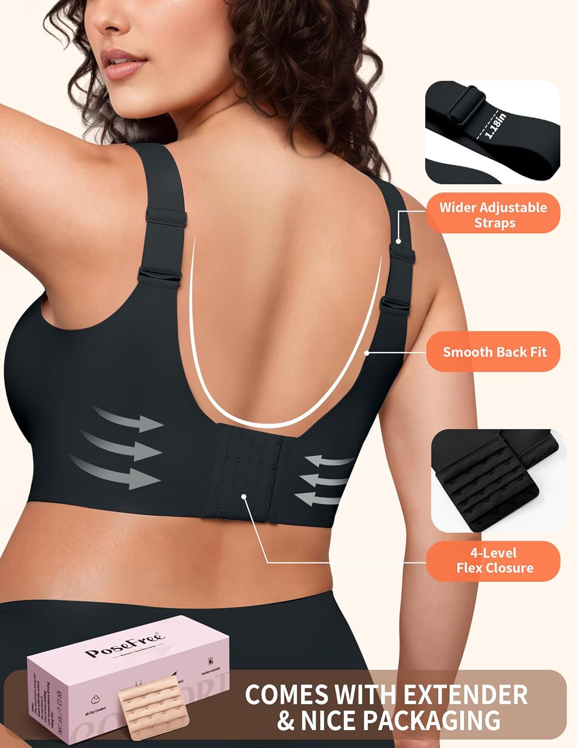 PoseFree Womens Seamless Wireless Supportive Bra Push Up Comfort Soft No Underwire Full Coverage T-Shirt Bra - Image 3