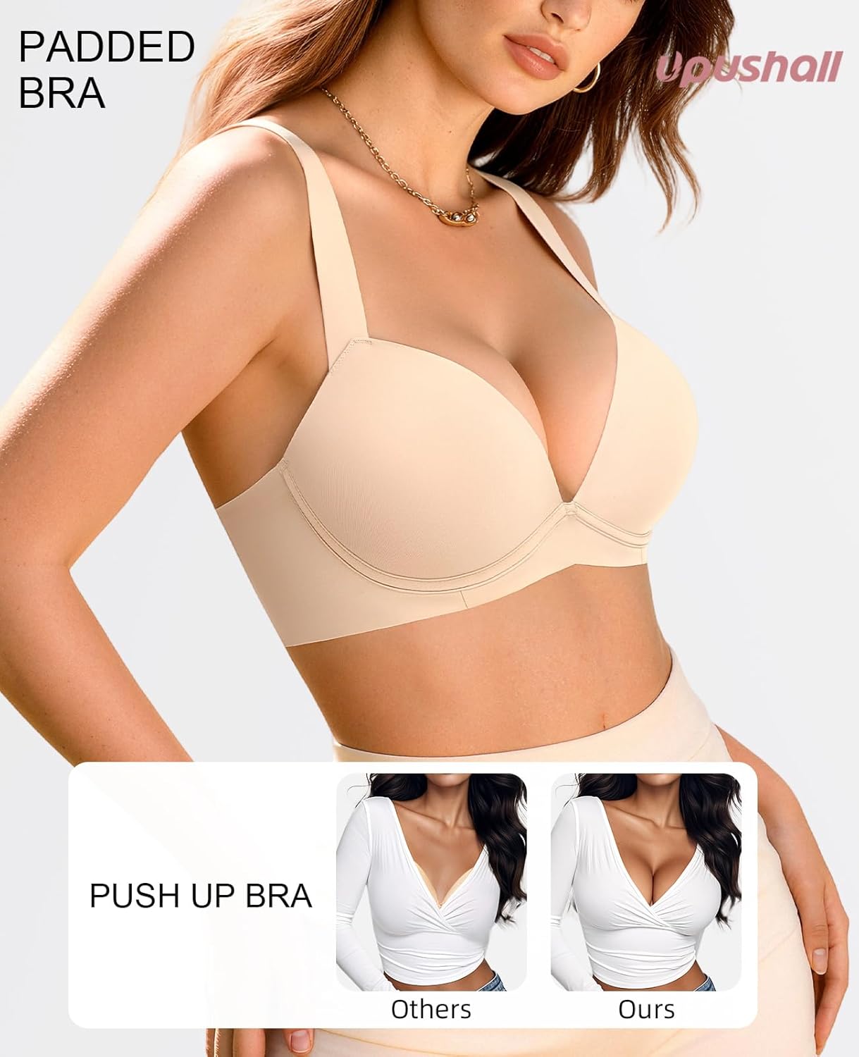 Upushall Push Up Padded Bra Add 1 Cup Balconette Underwire Support Back Smoothing T-Shirt Bras for Women - Image 2