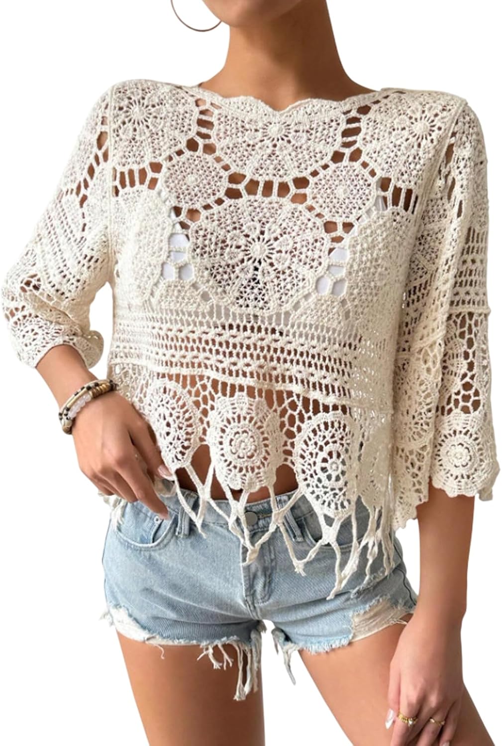 Womens Plain Fringe Trim Cut Out Sheer Cover Up, Boho Scallop Trim 3/4 Sleeve Round Neck Beach Cover Up