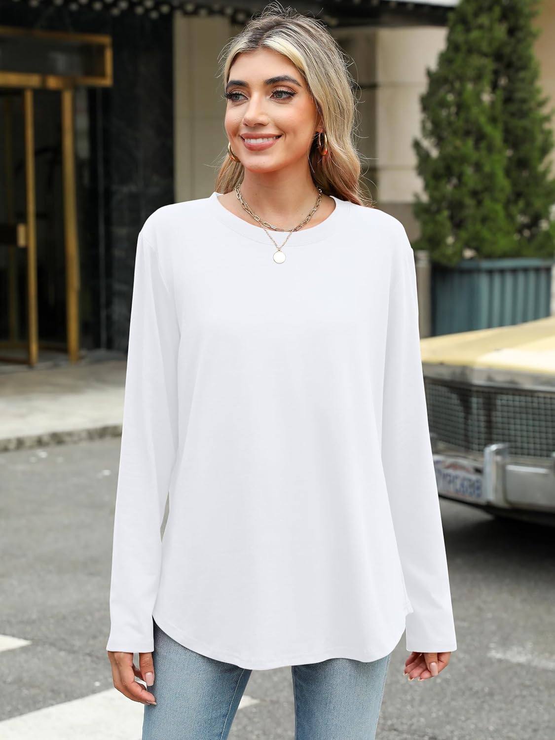 Elesomo Womens Shirts Casual Crew Neck Short/Long Sleeve Tunic Tops Tees - Image 3