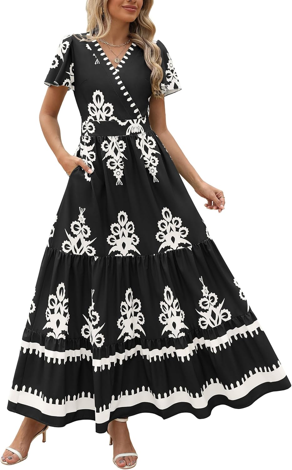 PRETTYGARDEN Womens 2026 Summer Casual V Neck Boho Maxi Dress Flowy Aline Bell Sleeve Tiered Floral Dresses with Pocket