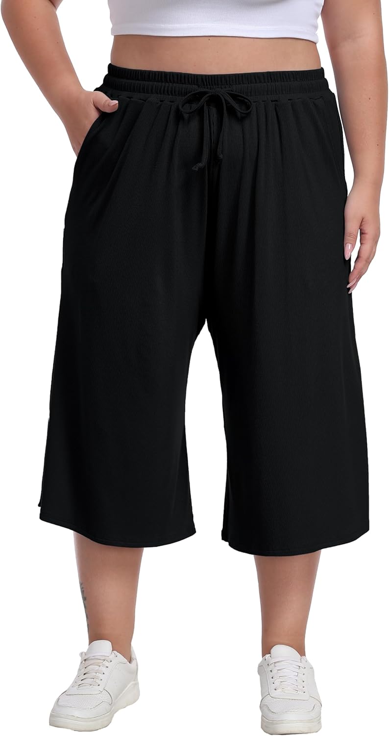 Cheapestbuy Women's Plus Size Wide Leg Capris Summer Palazzo Lounge Cropped Pants Casual Flowy Capri Pants with Pockets - Image 6