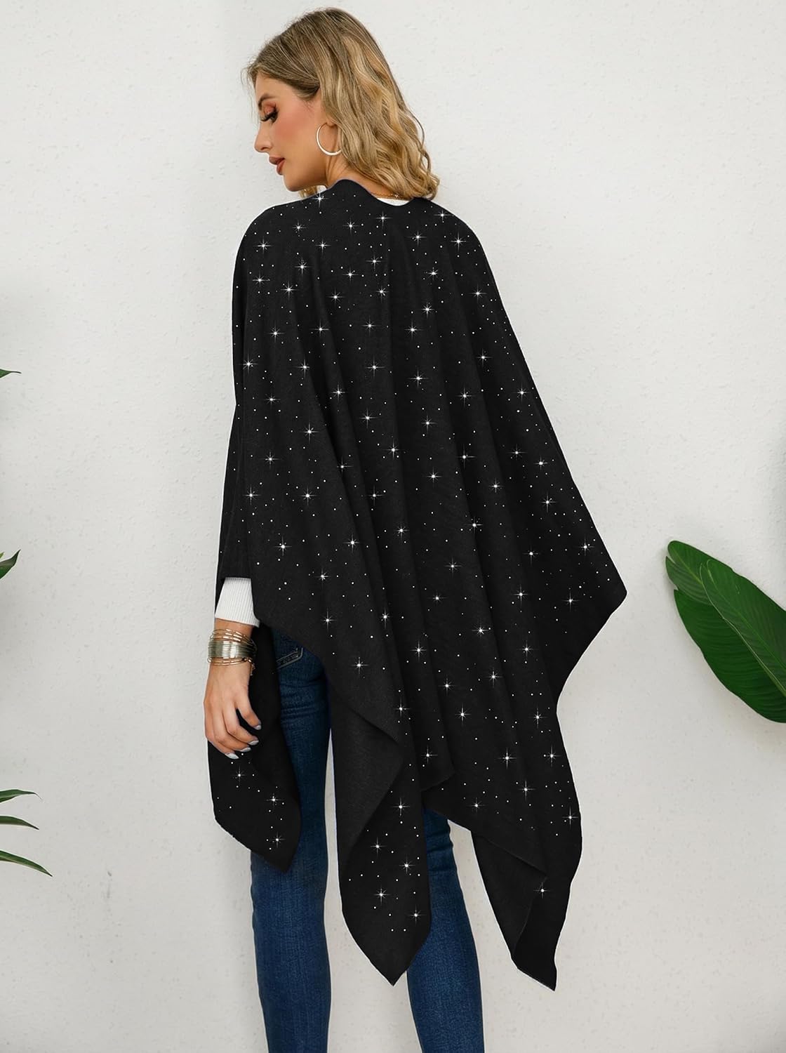 Womens Rhinestones Open Front Poncho Shawl Wrap Cape Ruana Travel Blanket Cardigan - Image 5