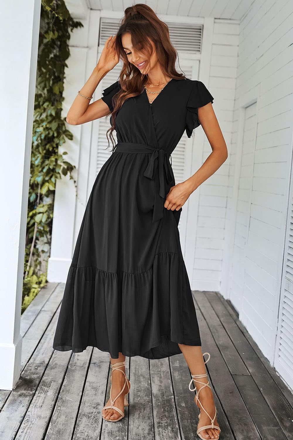 PRETTYGARDEN Women's Summer Floral Boho Maxi Dress Short Sleeve Wrap V Neck Ruffle Long Flowy Beach Wedding Guest Dresses - Image 2
