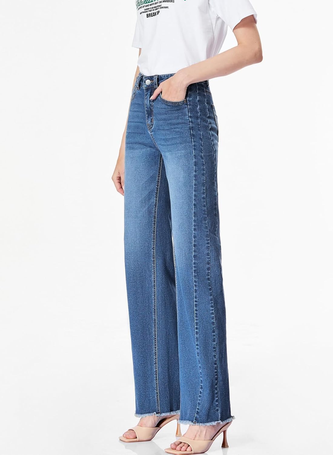 Sidefeel Women's Wide Leg Jeans High Waisted Stretchy Raw Hem Zimbaplatinum Denim Pants - Image 7