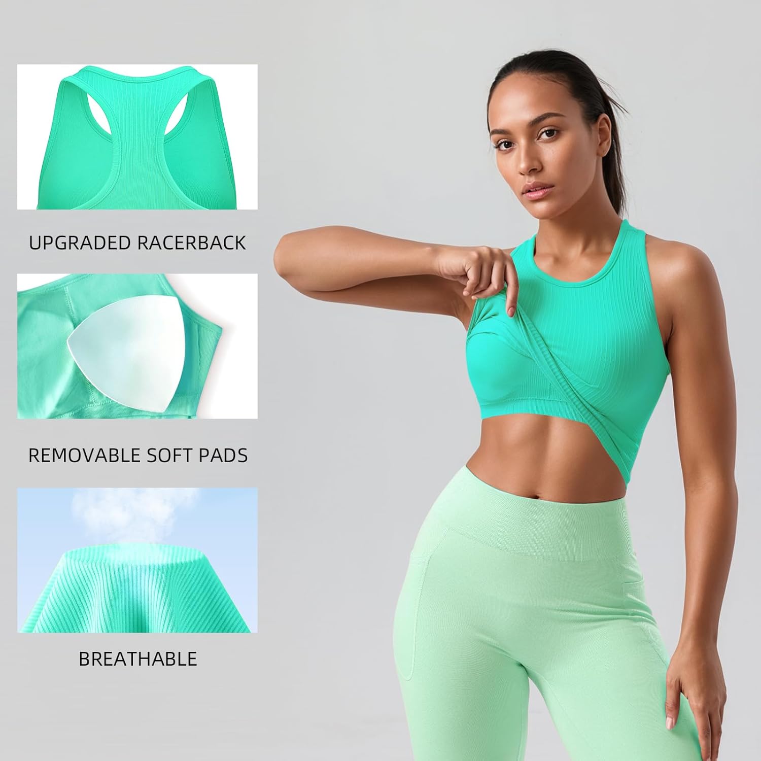 2/3/4 Packs Ribbed Racerback Tanks with Built in Bra for Women -Women’s Seamless Crop Tops Camisole Sport Bra - Image 3