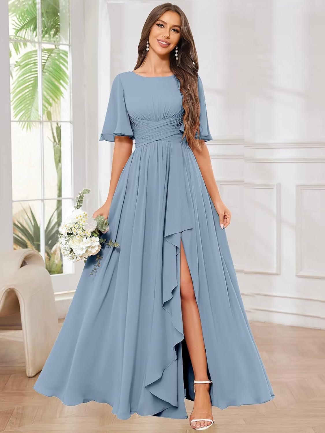 OFEECHUN Flutter Sleeve Chiffon Bridesmaid Dresses for Women with Slit A Line Ruffle Formal Wedding Guest Dress with Pockets - Image 3