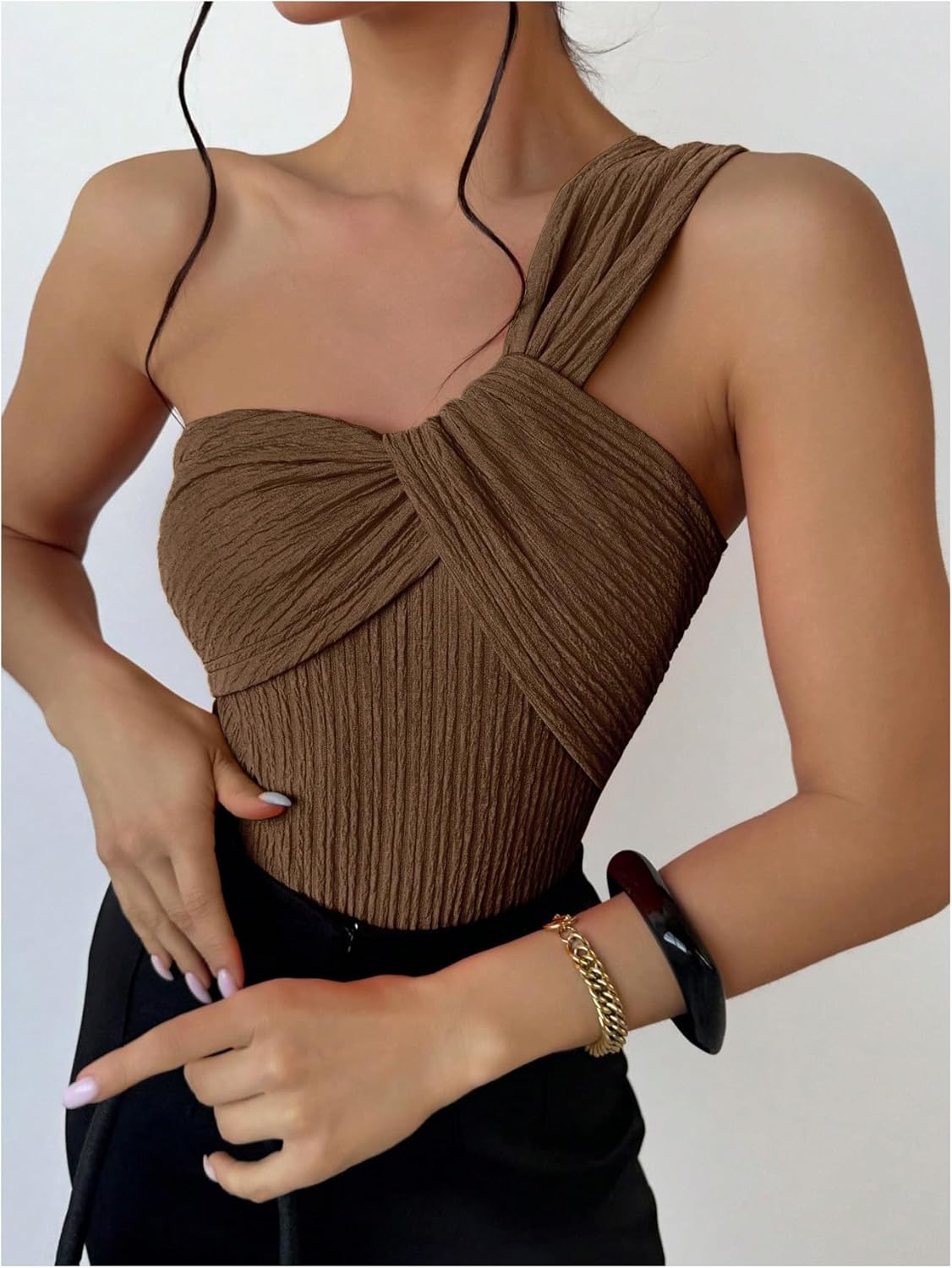 OYOANGLE Women's One Shoulder Going Out Bodysuit Tops Asymmetrical Textured Sleeveless Concert Tank Tops - Image 4
