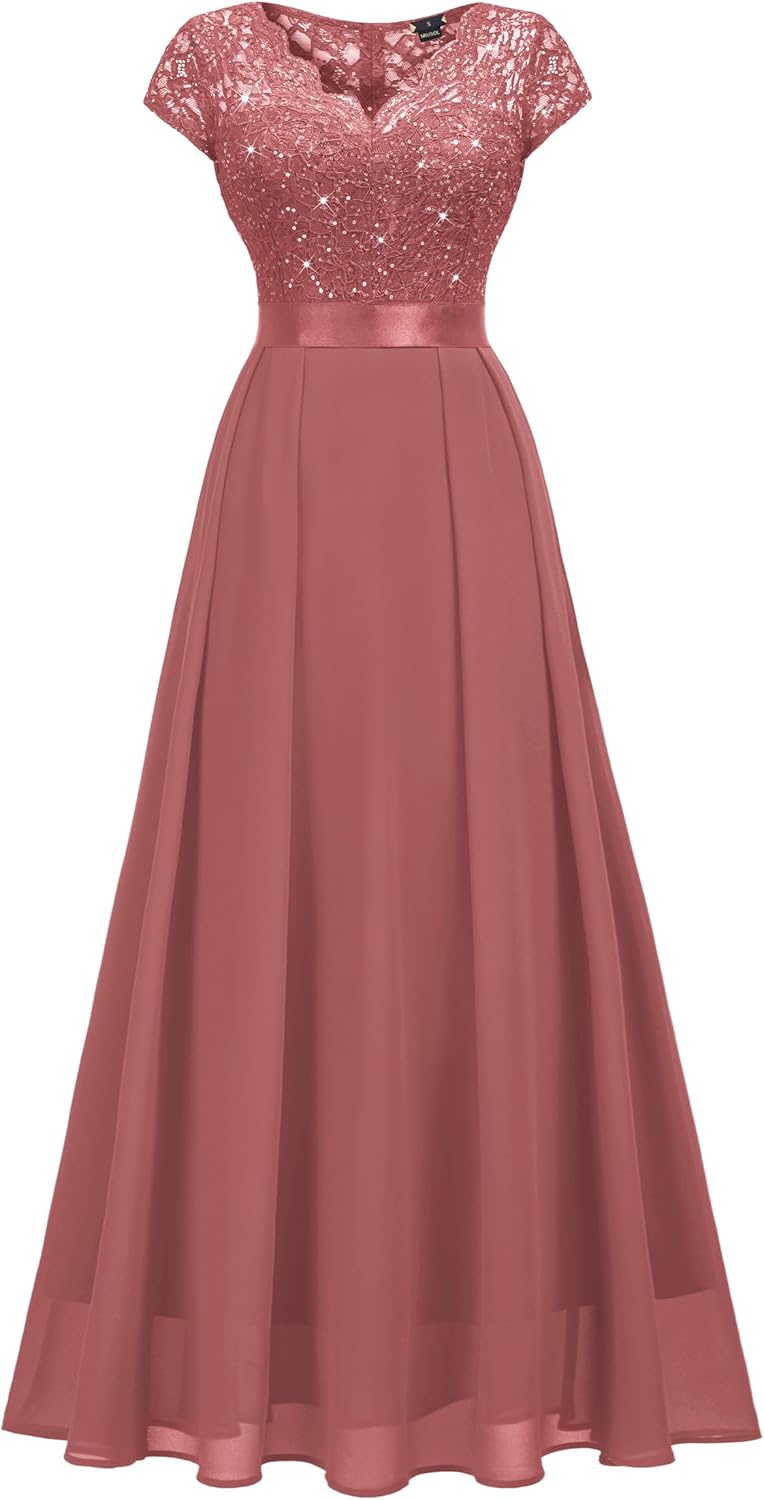 Miusol Women's Elegant V-Neck Cap Sleeve Sequined Floral Lace Formal Party Maxi Dress - Image 4
