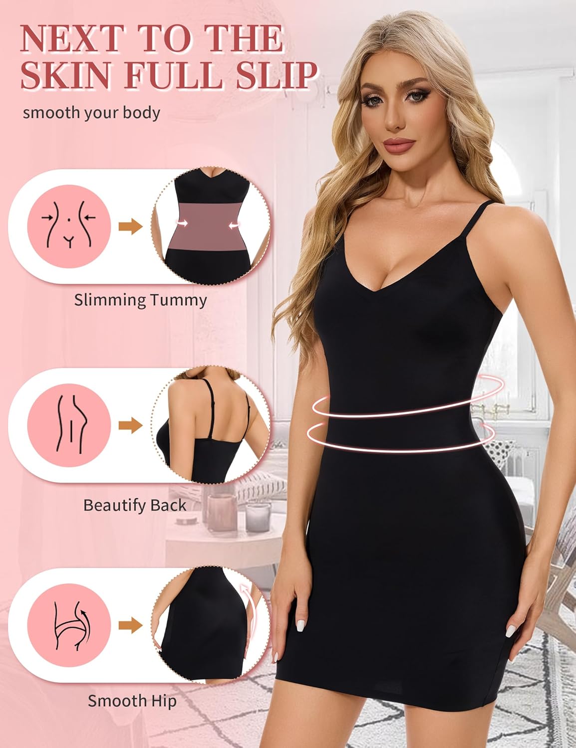 SLIMBELLE Shapewear Slips For Under Dress Deep V Neck Adjustable Strap Tummy Control Full Slip Seamless Shaper For Women - Image 2