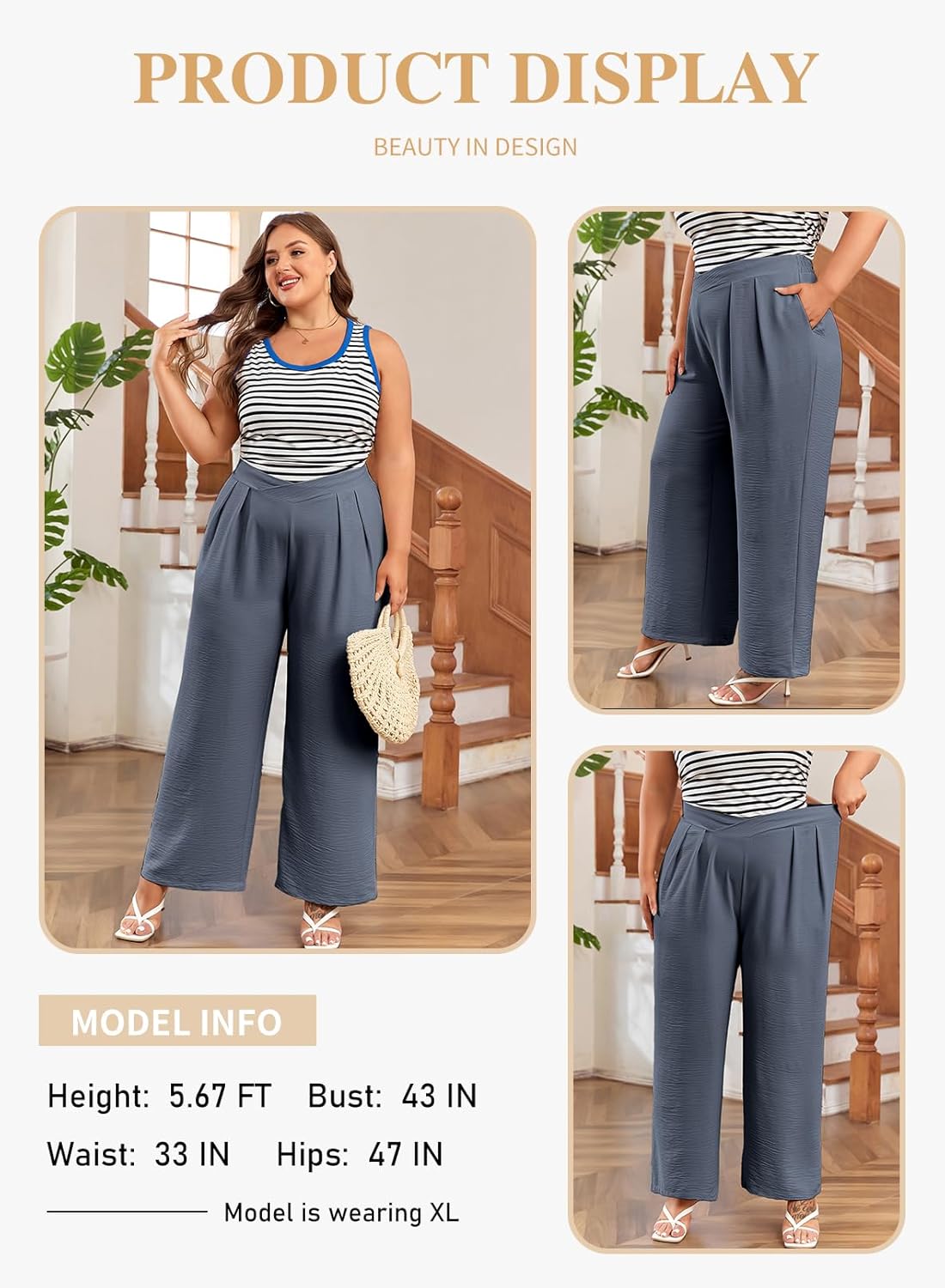 Eytino Womens Plus Size Wide Leg Pants Crossover Waist Pleated Front Casual Work Pants Lounge Trouser with Pockets(1X-5X) - Image 3