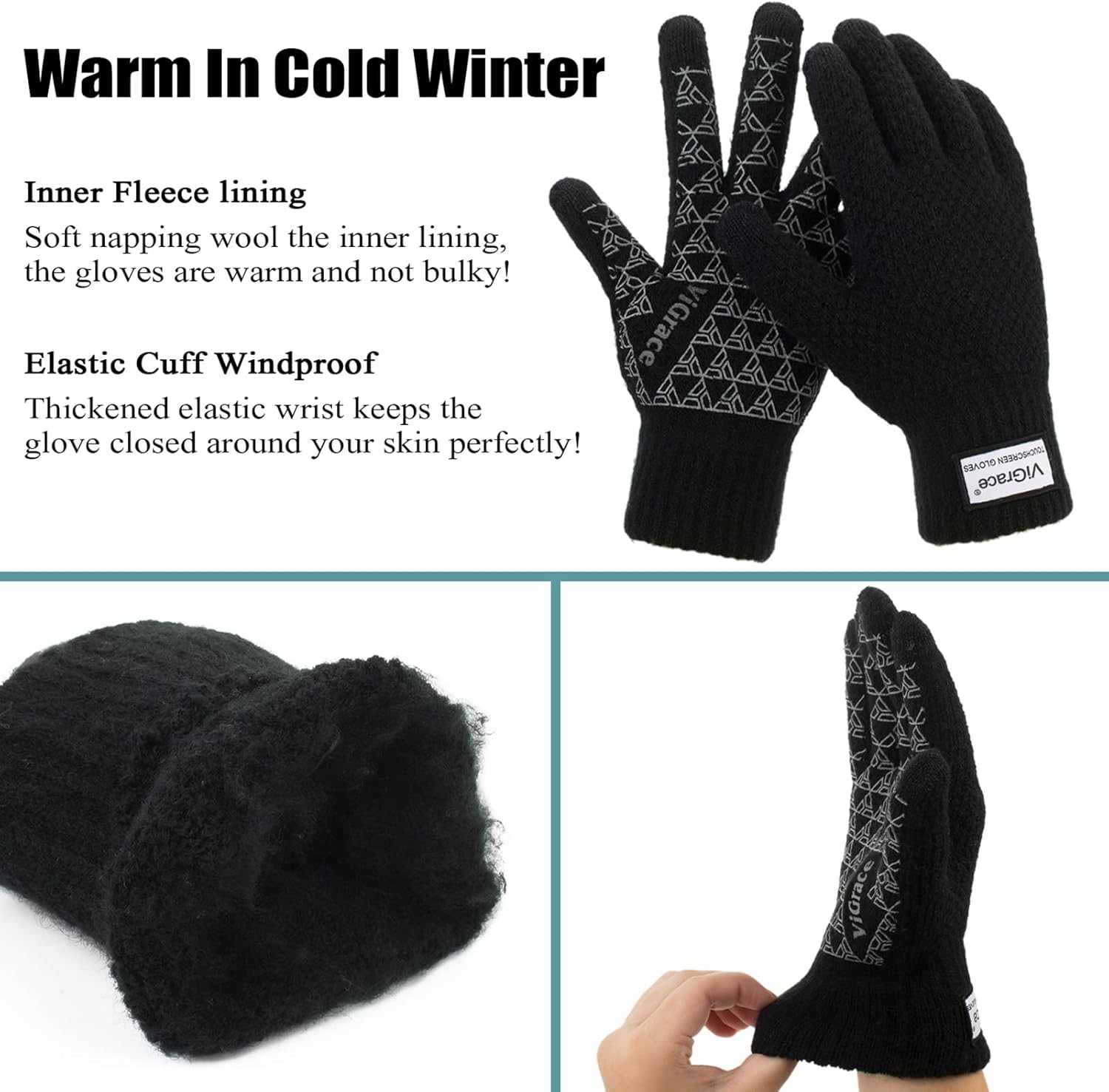 ViGrace Winter Warm Touchscreen Gloves for Men and Women Touch Screen Fleece Lined Knit Anti-Slip Wool Glove - Image 4