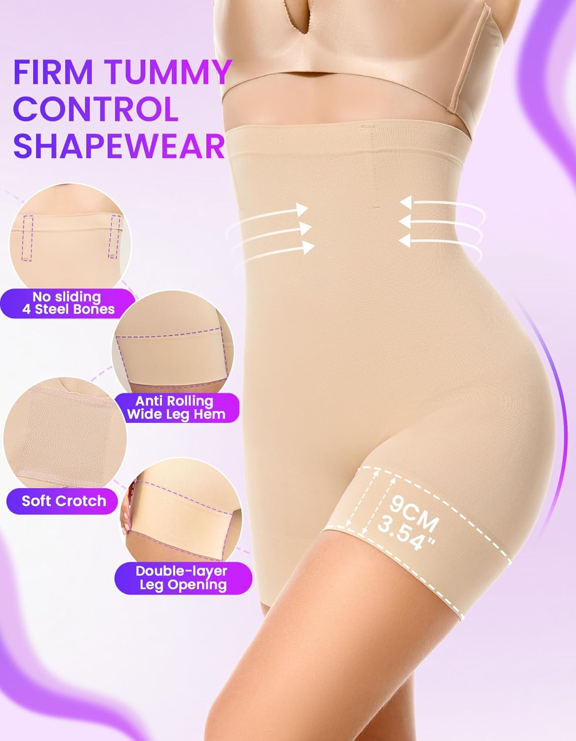 SIMIYA Shapewear Tummy Control Shorts for Women, 5-IN-1 Body Shaper High Waisted Girdle Boyshort Slip Short for Under Dresses - Image 3