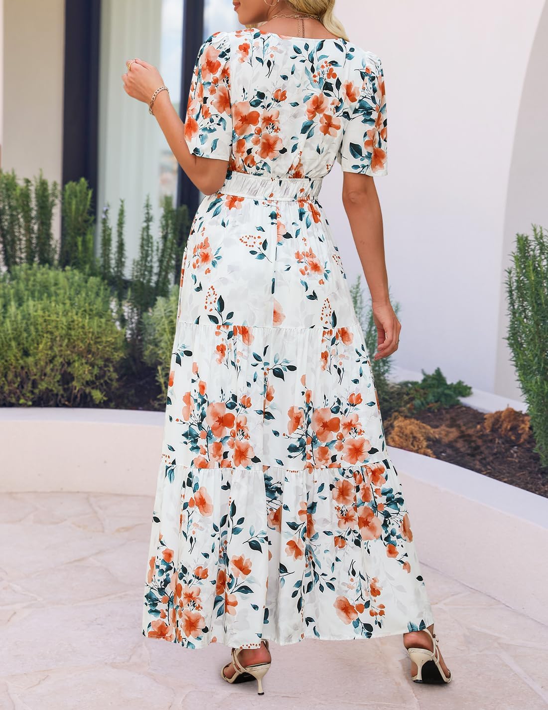 ZESICA Women's 2026 Summer Spring Floral Boho Maxi Dresses Casual Short Sleeve V Neck A Line Flowy Beach Vacation Dress - Image 5
