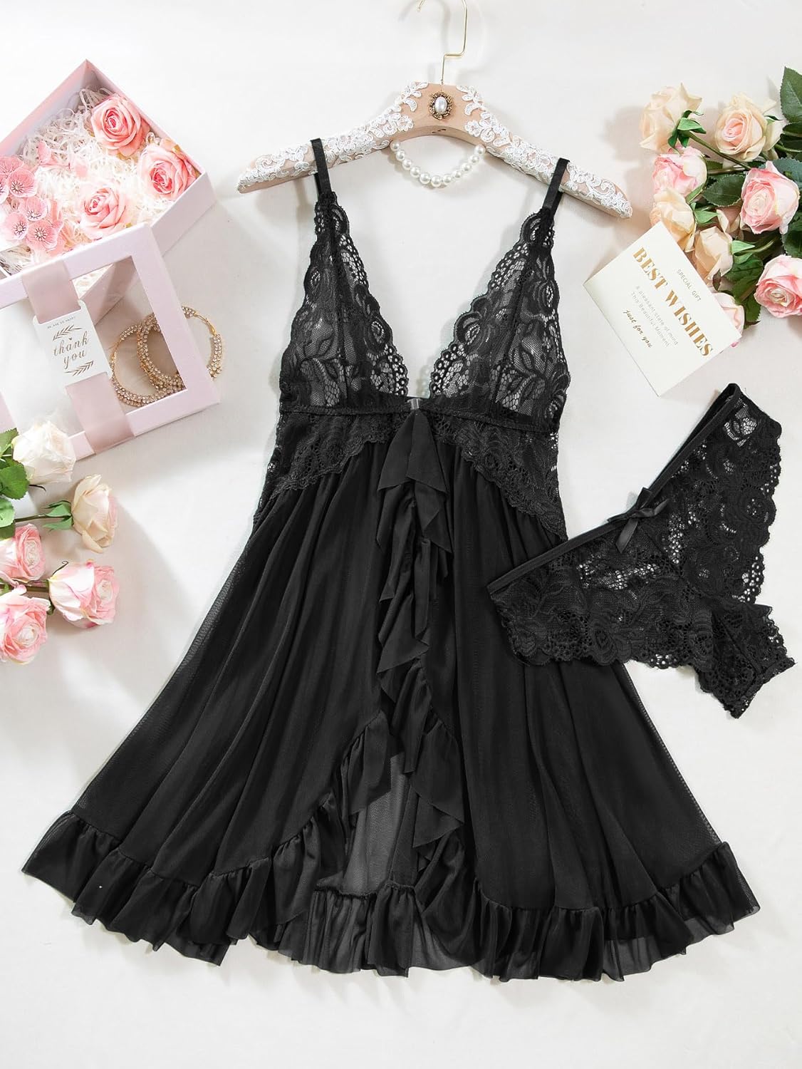 Foxiny Sexy Open Front V Neck Ruffle Sheer Mesh Lace Wireless Babydoll Lingerie Dress with Thong 2 Piece - Image 6