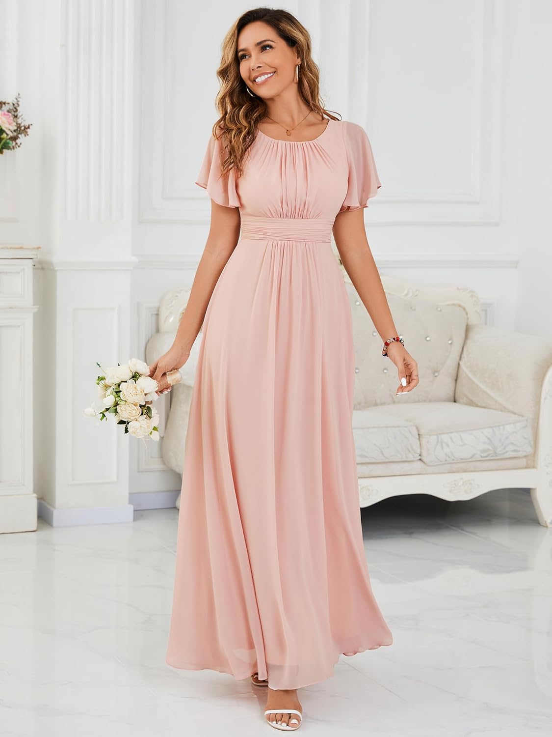 Ever-Pretty Women's Spring Elegant Round Neck Short Sleeve Chiffon Empire Waist Floor Length Formal Dresses Bridesmaid Dress - Image 3