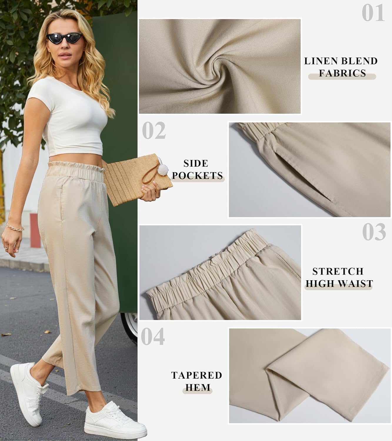 SEMARO Womens Casual High Waisted Linen Feel Pants Tapered Vacation Lounge Pants Trousers with Pockets - Image 4