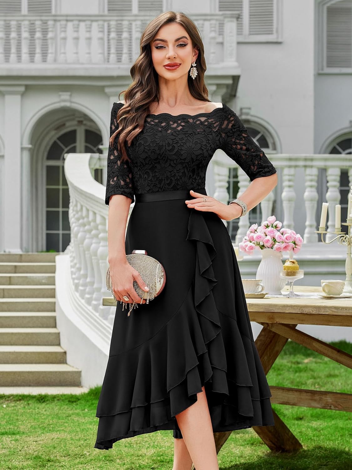 Miusol Women's Off Shoulder Elegant Floral Ruffle Half Sleeve Lace Contrast Chiffon Party Dress - Image 2