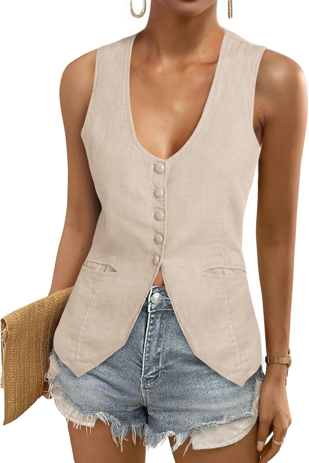 Tankaneo Womens Scoop Neck Blazer Vest Summer Linen Sleeveless Fitted Waistcoat Work Casual Cotton Suit Tops