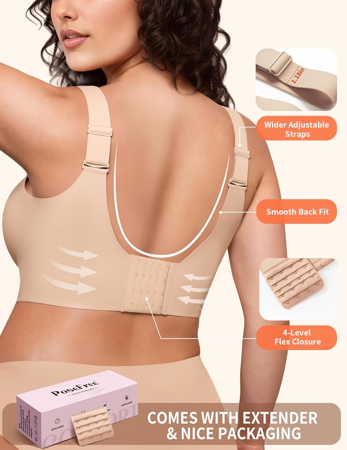 PoseFree Womens Seamless Wireless Supportive Bra Push Up Comfort Soft No Underwire Full Coverage T-Shirt Bra - Image 3