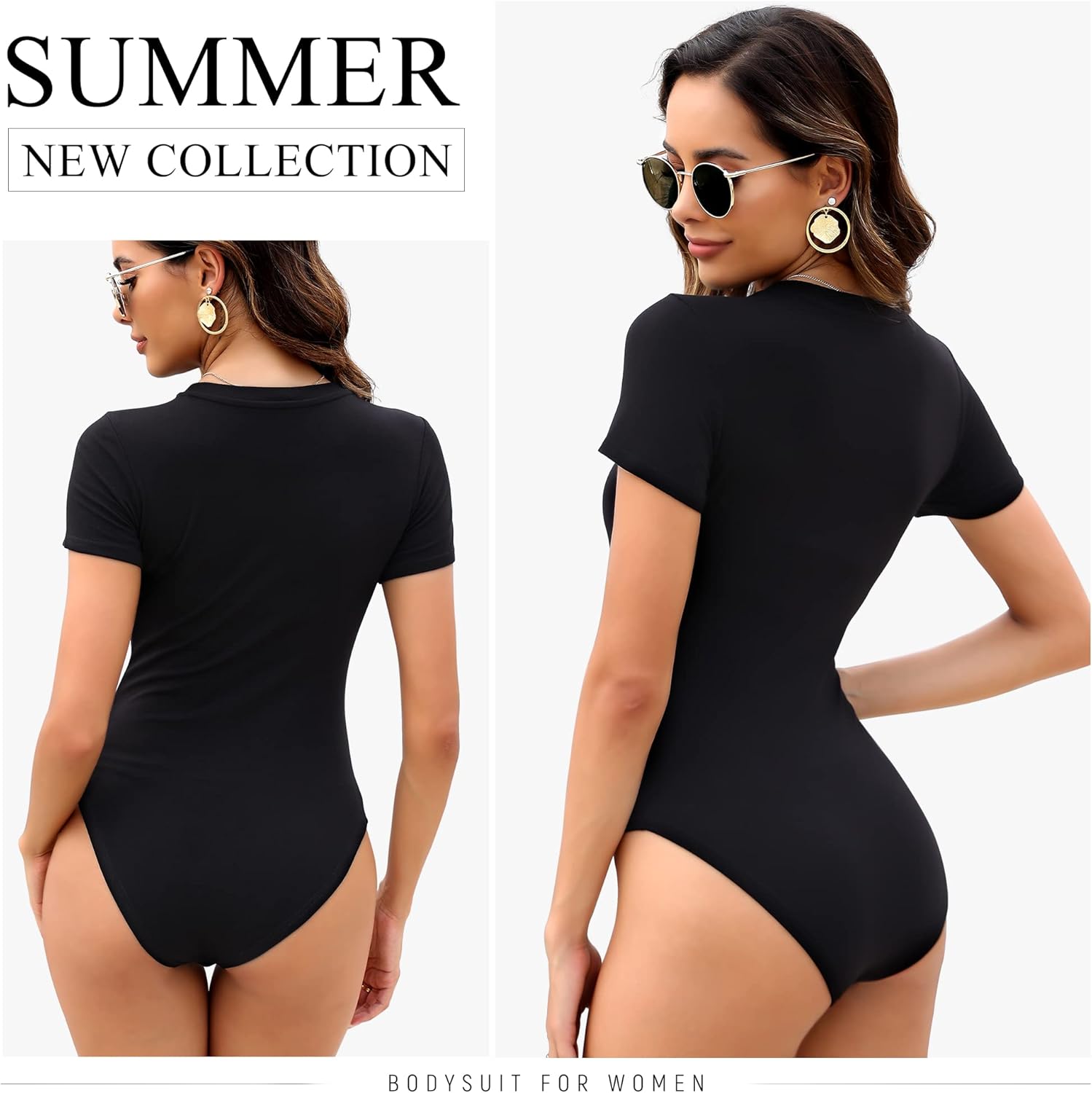 MLYENX 5 Pack Body Suits for Womens Short Sleeve Round Neck Casual Stretchy Basic T Shirt Bodysuit Tops - Image 2