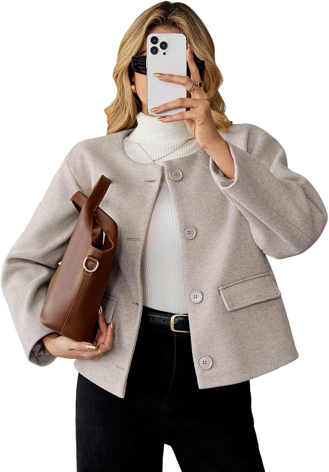 HOTIAN Women's V-Neck Wool Blend Short Coat Long Sleeve Cropped Jacket Fall Winter Peacoat Casual Pea Trench Coats