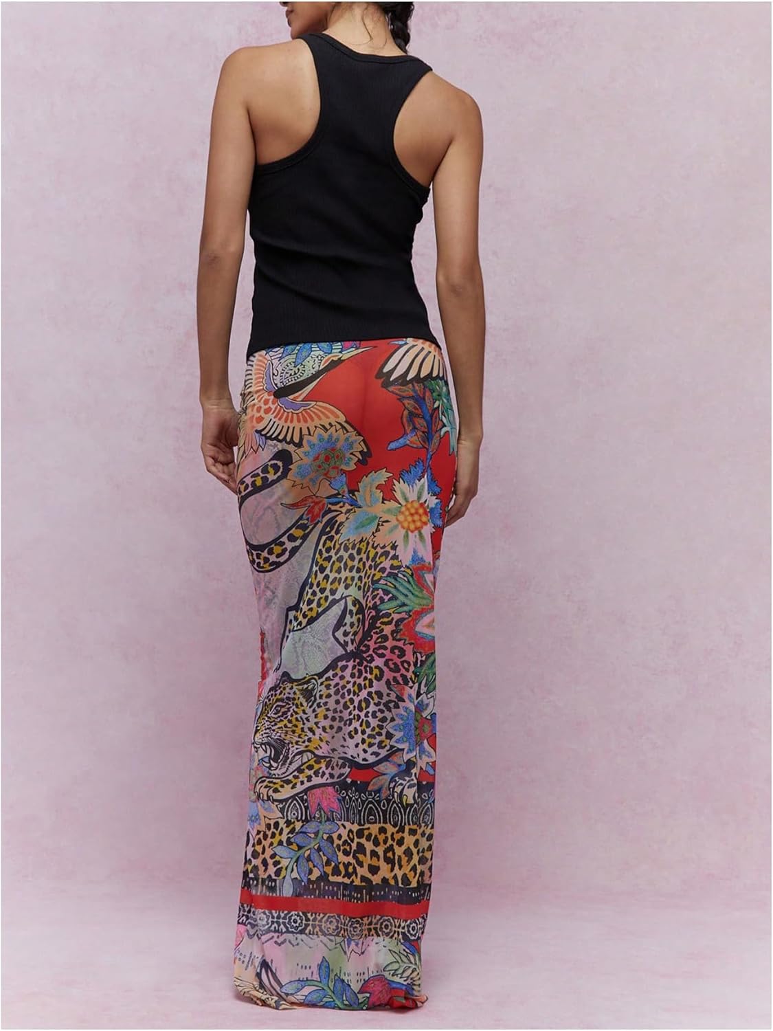 GORGLITTER Women's Y2k Tropical Mesh Maxi Skirt Leopard Cheetah Print Bodycon Long Cover Up Skirts Beach Vacation Outfits - Image 2
