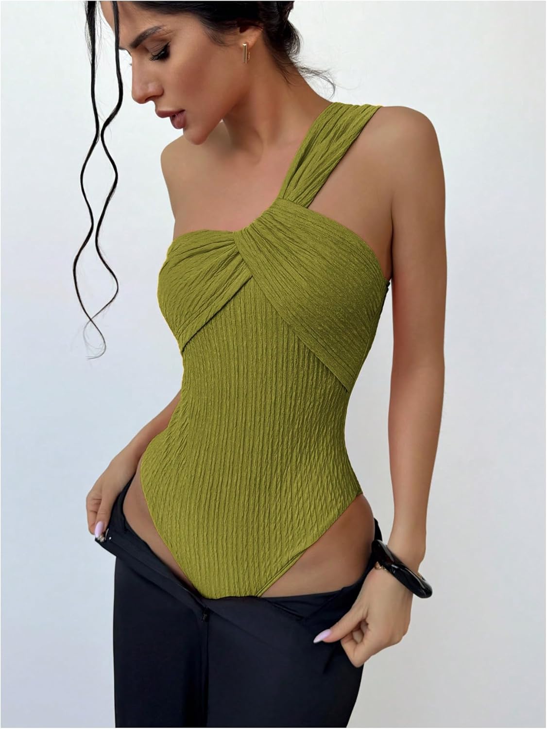OYOANGLE Women's One Shoulder Going Out Bodysuit Tops Asymmetrical Textured Sleeveless Concert Tank Tops - Image 3