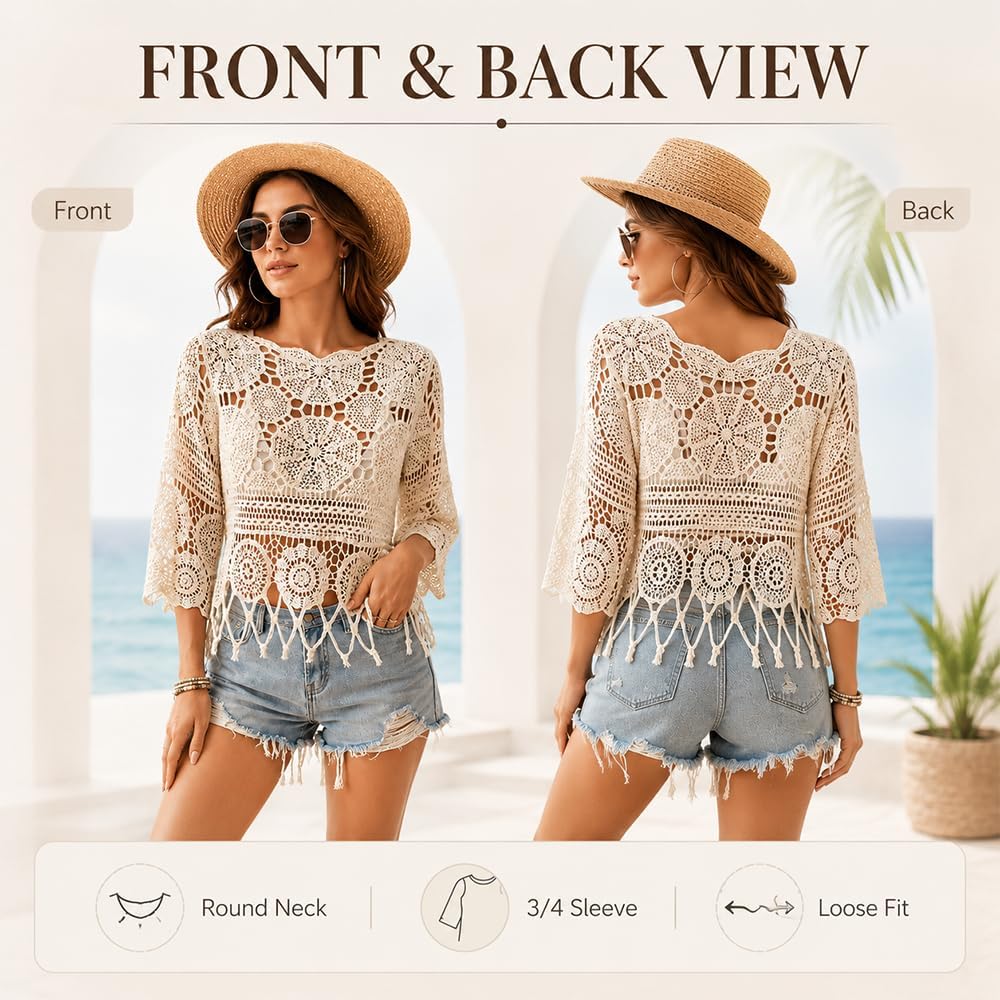 Womens Plain Fringe Trim Cut Out Sheer Cover Up, Boho Scallop Trim 3/4 Sleeve Round Neck Beach Cover Up - Image 4
