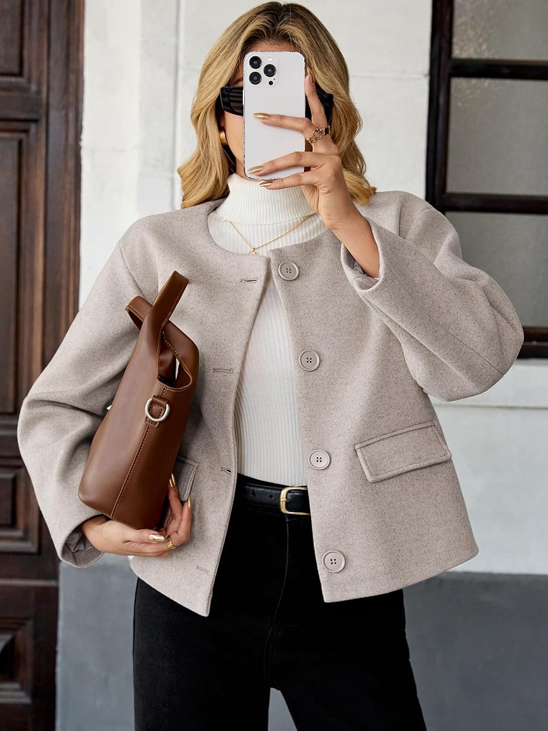 HOTIAN Women's V-Neck Wool Blend Short Coat Long Sleeve Cropped Jacket Fall Winter Peacoat Casual Pea Trench Coats - Image 4