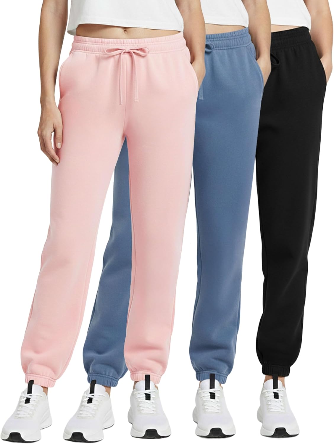 Real Essentials 3 Pack: Women's Fleece Jogger Sweatpants (Available in Plus Size)