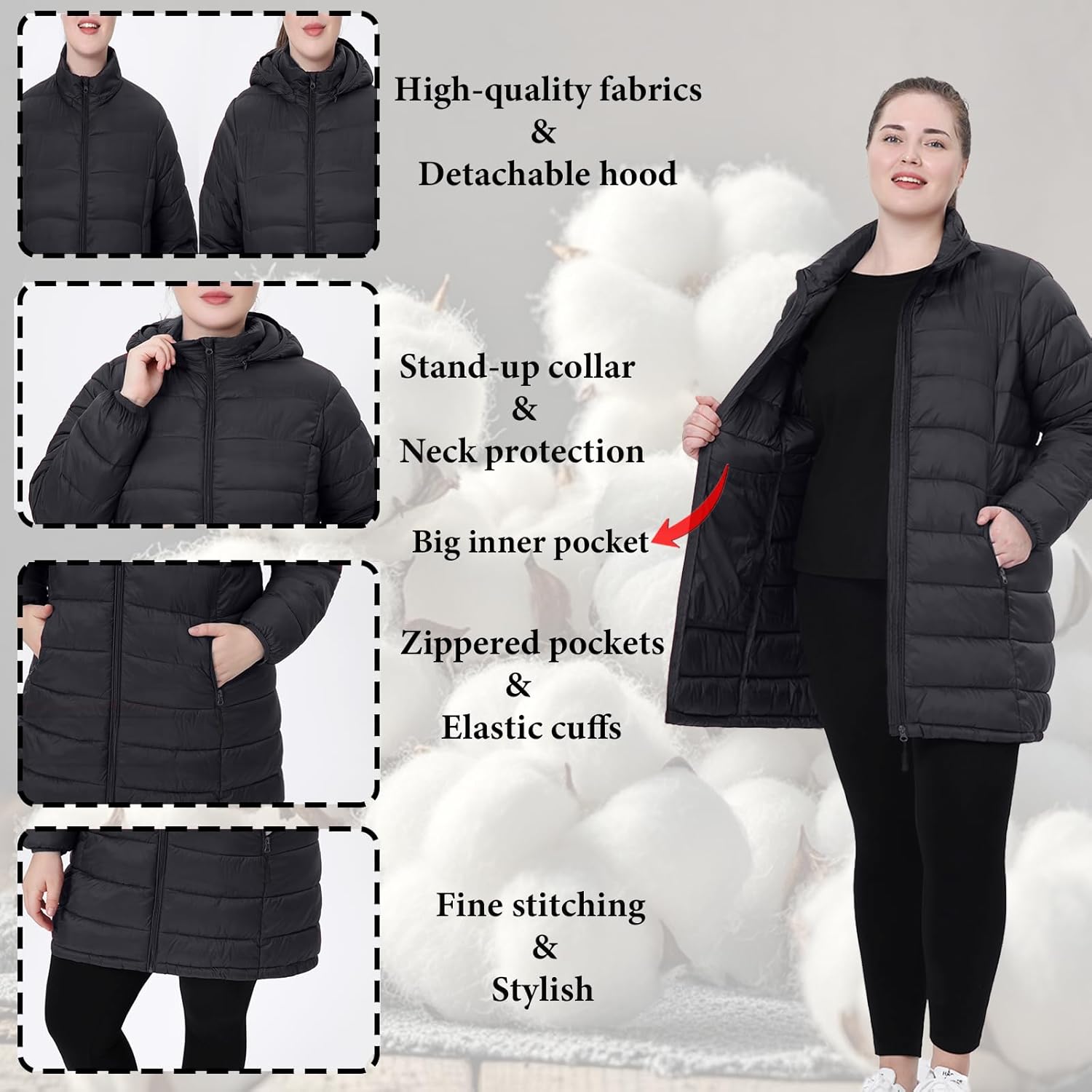 Plus Size Women Packable Puffer Jacket 1X-6X Water-Resistant Lightweight Puffer Coat Detachable Hood - Image 4