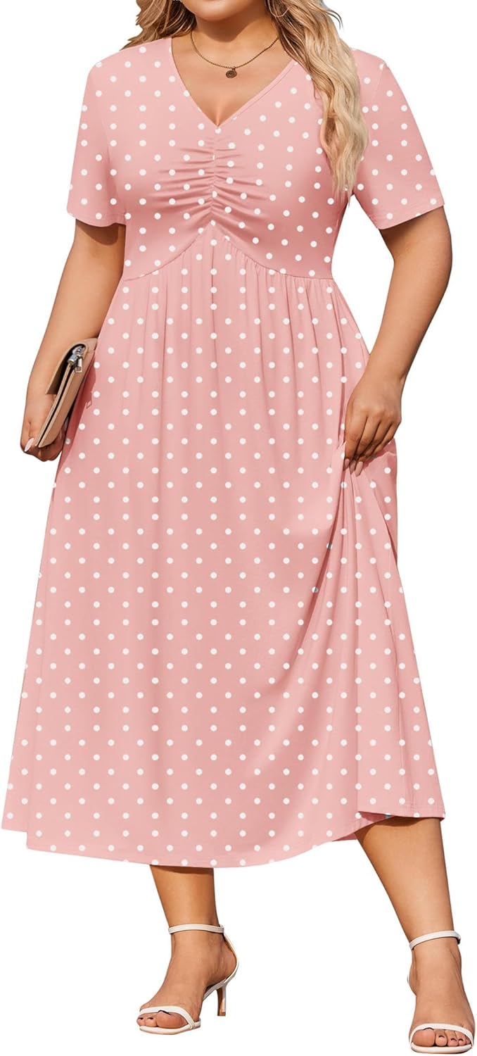 IN'VOLAND Women Plus Size Short Sleeve Dress Summer Casual V-Neck Ruched Aline Midi Dresses with Pockets