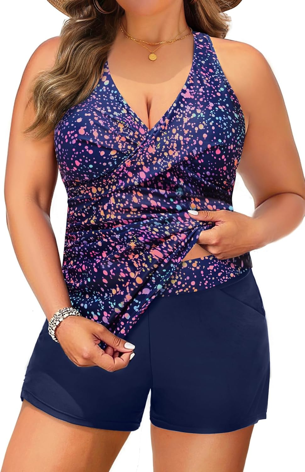 Daci Plus Size Tankini Swimsuit for Women - Two Piece Tummy Control Bathing Suit Tankini Top with Two Pockets Shorts