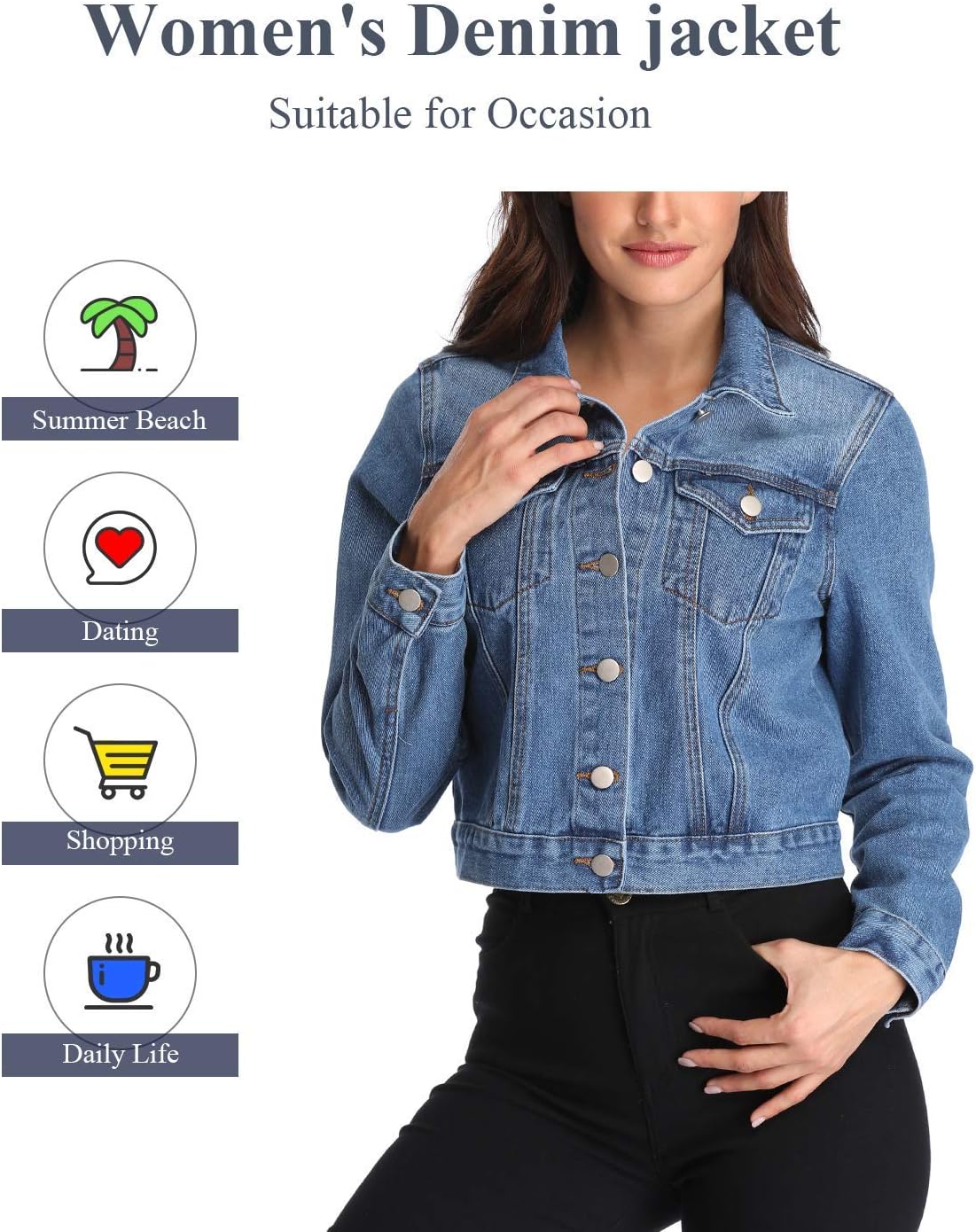 andy & natalie Women's Denim Jackets Cropped Long Sleeve Basic Button Down Crop Jean Shacket with Pockets - Image 7