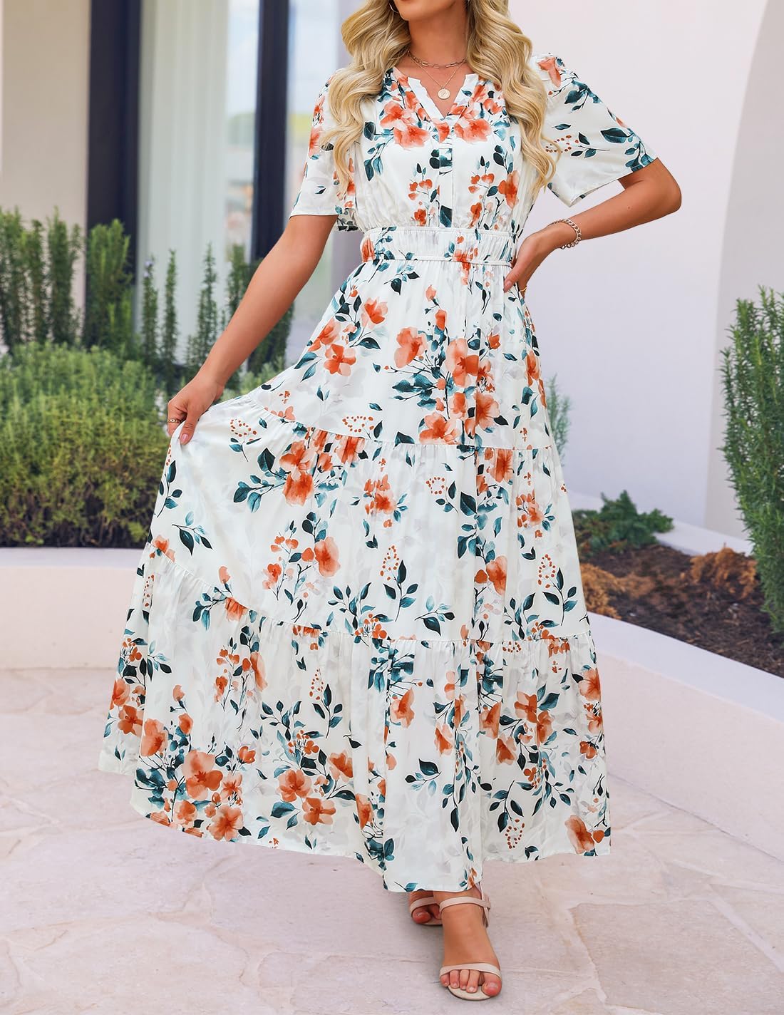 ZESICA Women's 2026 Summer Spring Floral Boho Maxi Dresses Casual Short Sleeve V Neck A Line Flowy Beach Vacation Dress - Image 3