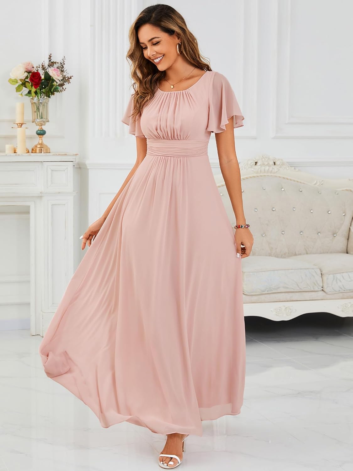 Ever-Pretty Women's Spring Elegant Round Neck Short Sleeve Chiffon Empire Waist Floor Length Formal Dresses Bridesmaid Dress - Image 4