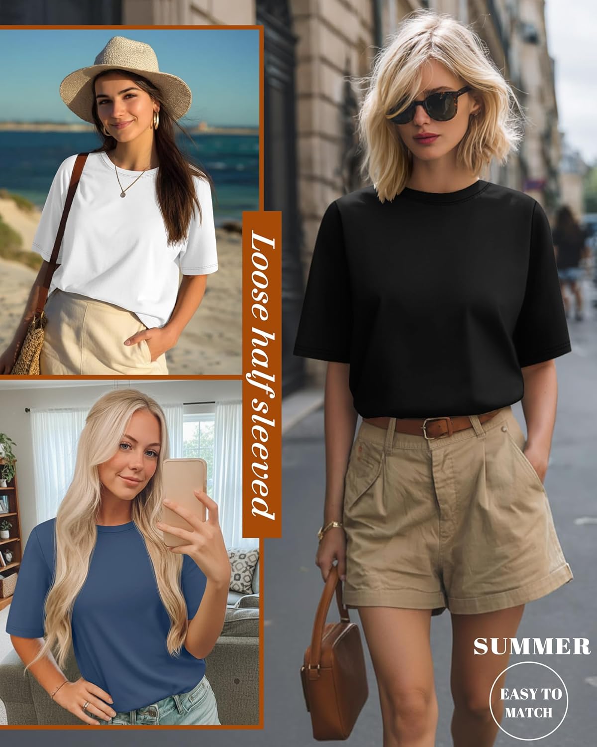 Huukeay 3 Pack Women's Half Sleeve T-Shirts, Crew Neck Elbow Length Tops Loose Casual Basic Tees Summer Tunic Tops - Image 6
