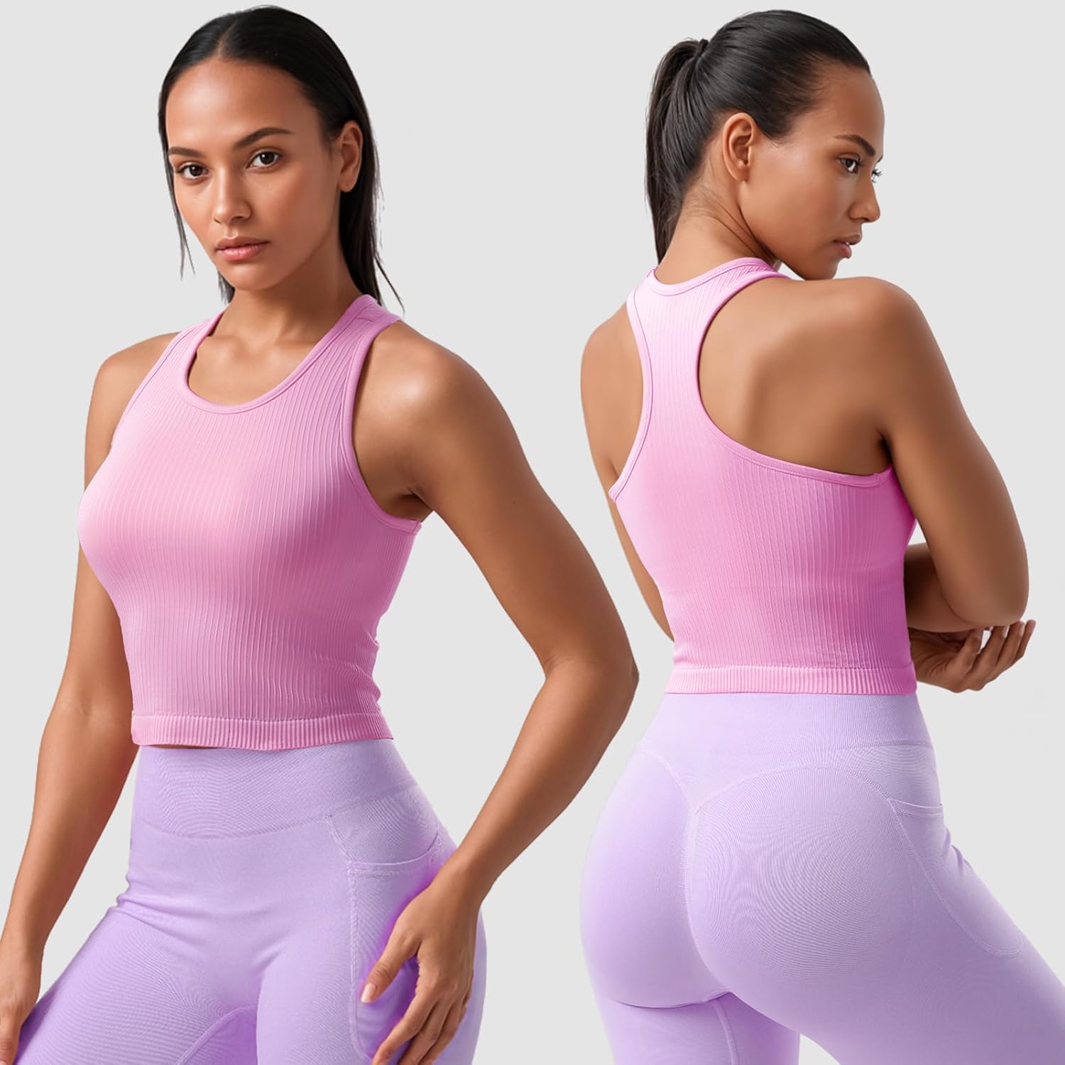 2/3/4 Packs Ribbed Racerback Tanks with Built in Bra for Women -Women’s Seamless Crop Tops Camisole Sport Bra - Image 7