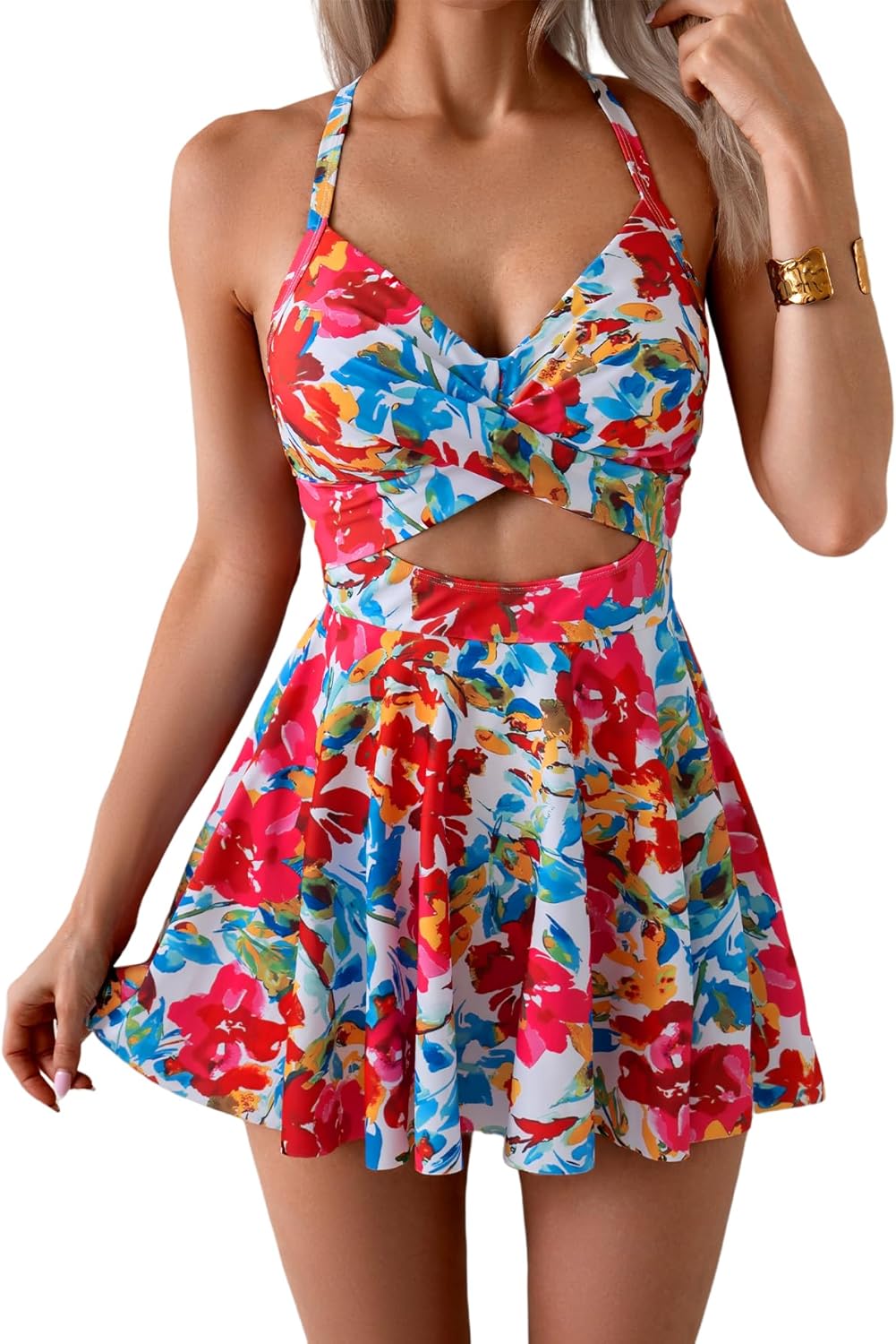 B2prity Women Cutout One Piece Skirt Swimsuit V Neck Wrap Tie Back Swimdress Tummy Control Bathing Suits Slimming Swimwear
