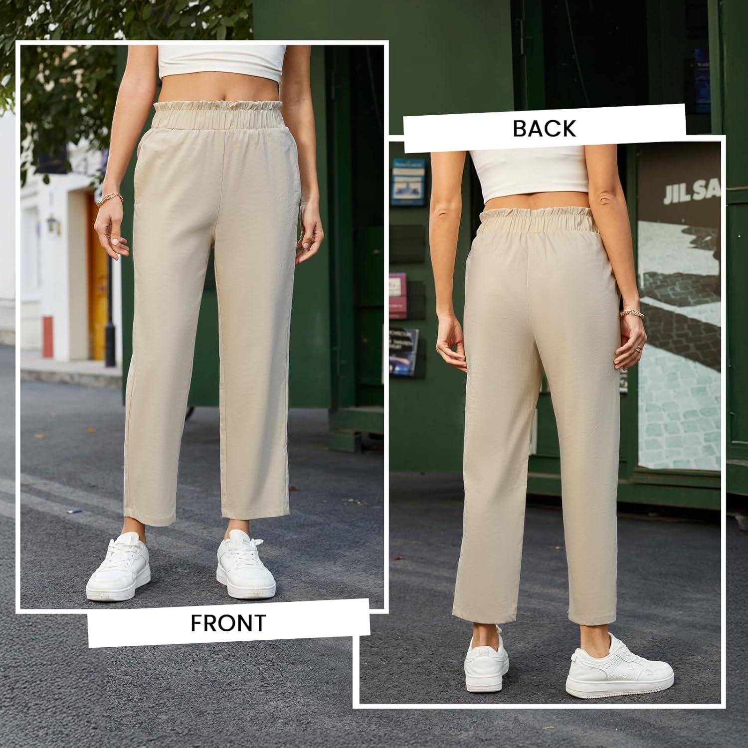 SEMARO Womens Casual High Waisted Linen Feel Pants Tapered Vacation Lounge Pants Trousers with Pockets - Image 3
