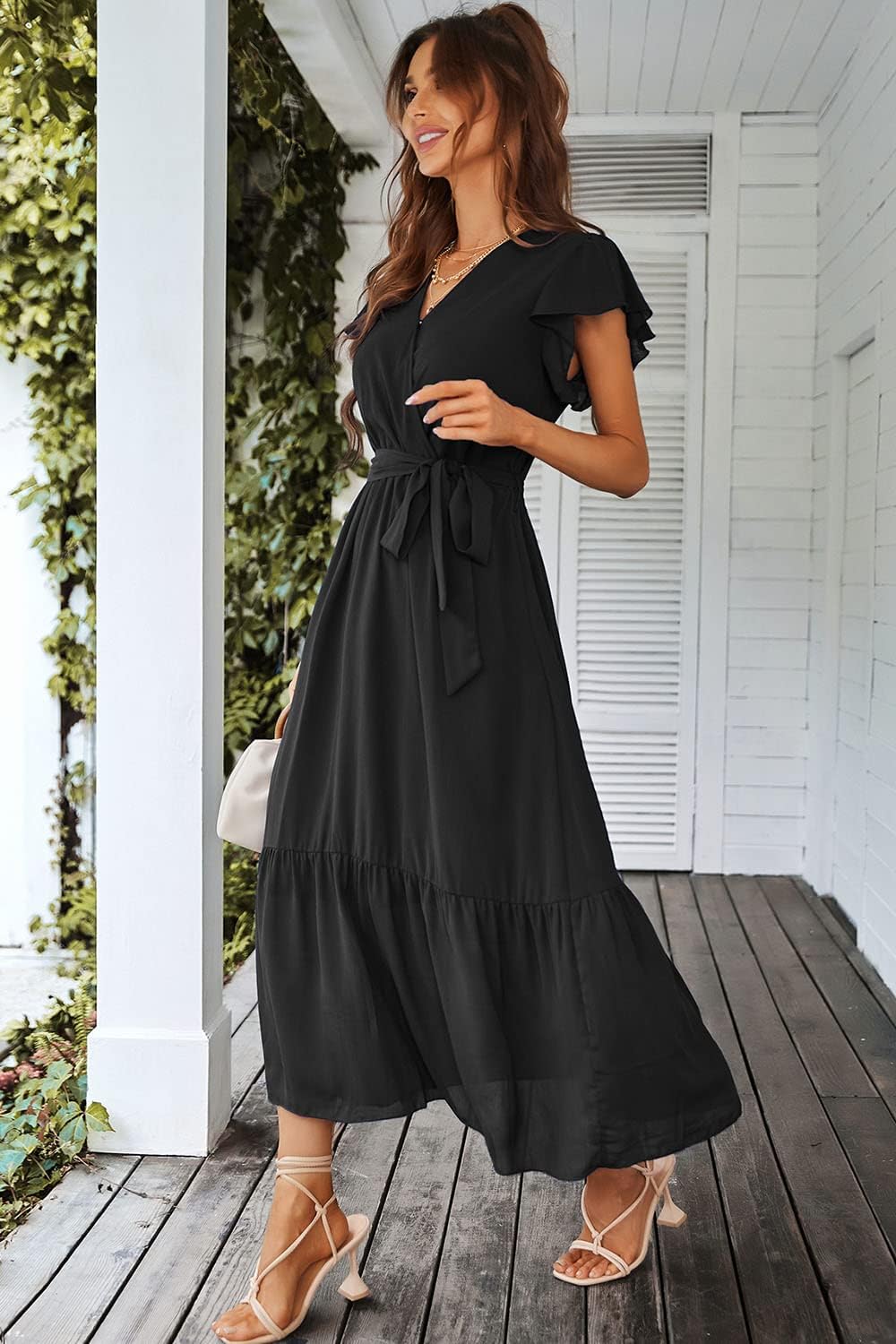 PRETTYGARDEN Women's Summer Floral Boho Maxi Dress Short Sleeve Wrap V Neck Ruffle Long Flowy Beach Wedding Guest Dresses - Image 4
