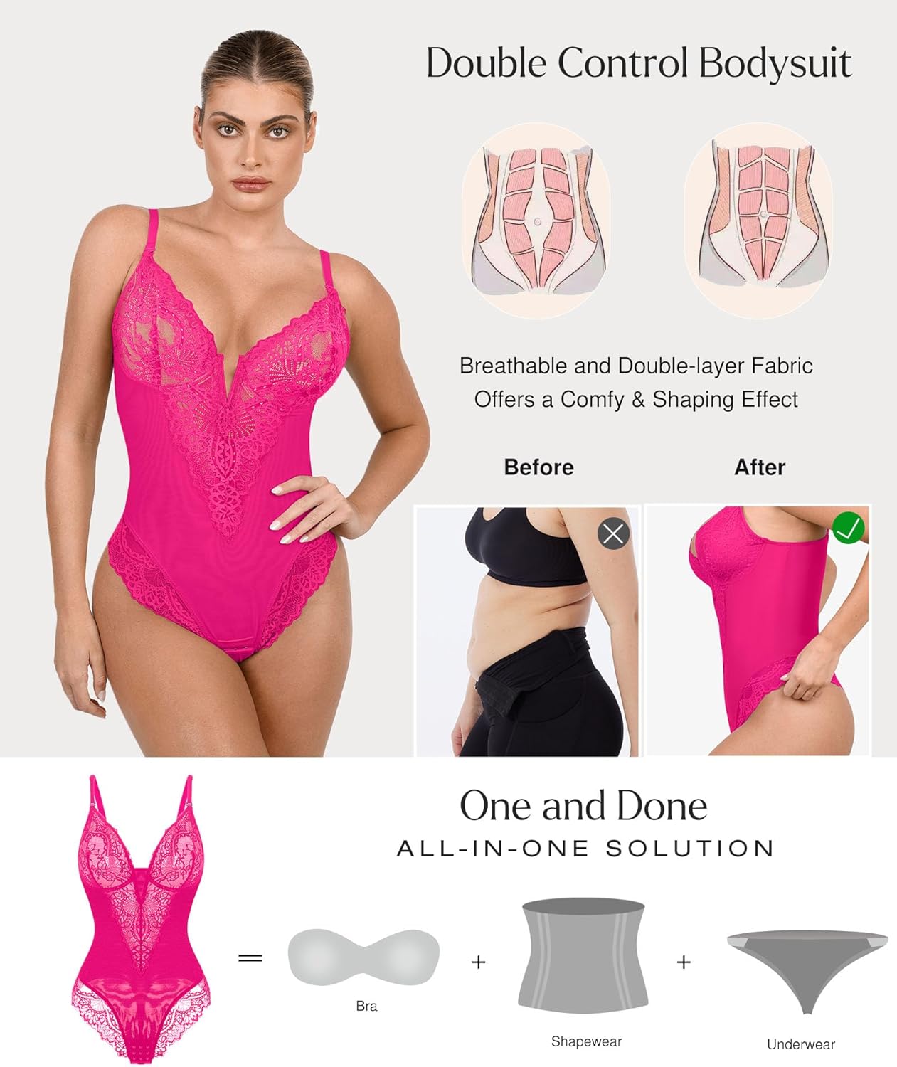 Popilush Shapewear Bodysuits for Women Lace Corset Tops Tummy Control V Neck Sleeveless Body Suit Thongs - Image 2