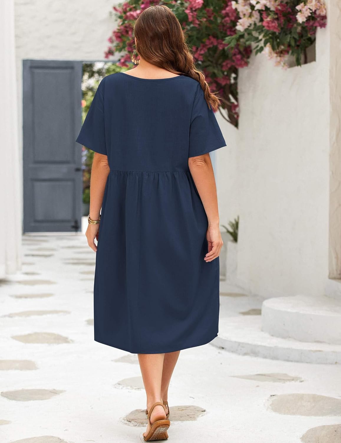 IN'VOLAND Plus Size Cotton Linen Dresses for Women Short Sleeve Summer Midi Dress with Pockets - Image 4